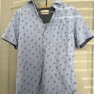 Free Planet Men’s Blue Short Sleeve Button Down Shirt with Tropical Print Size L